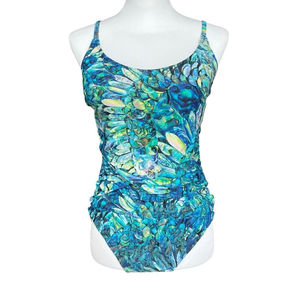 TOGS One Piece Swimsuit US Size 12 Turquoise Peacock Shirred Front Summer Beach
